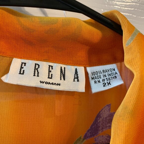 Erena Brand Women's Orange with Flowers Sheer Blouse, Size 2X - Picture 5 of 5